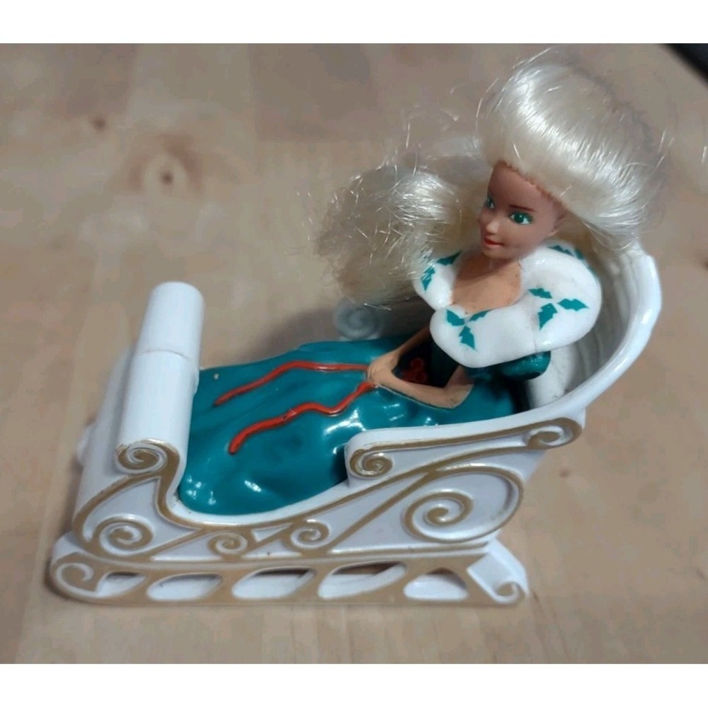 Vintage 1990s Barbie Holiday Sleigh McDonald's Happy Meal Toy Teal Dress Gold